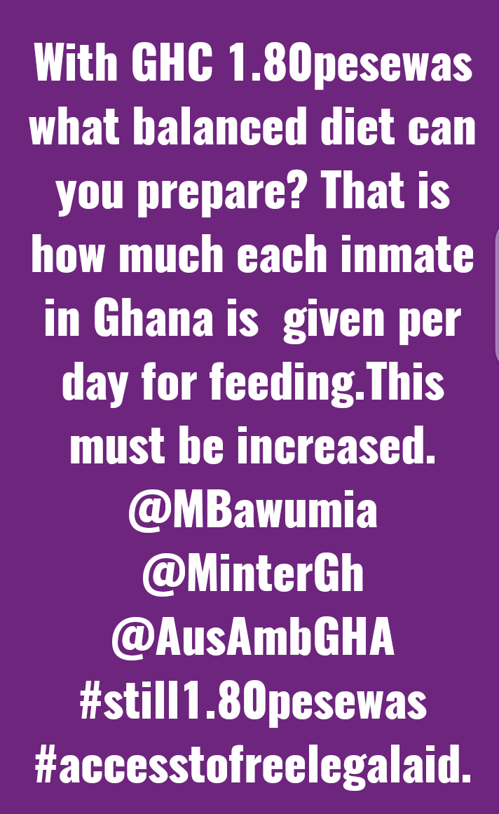 aigaccra's tweet photo. With 1.80pesewas no balance diet can be prepared for inmates. Increase cost of feeding for prisoners. @MBawumia @MinterGh @NakufoAddo @Konkrumah
#still1gh80pesewas
#accesstolegalaid
#improveprisionconditionsinghana. https://t.co/6JQhbFrd39