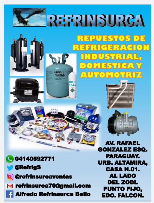Refrig. Indust Suram on Twitter: "REFRINSURC.A ( REFRIGERACIÓN INDUSTRIAL SURAMERICA C.A - PUNTO FIJO ) REPUESTOS DE REFRIGERACIÓN, COMERCIAL, INDUSTRIAL Y AUTOMOTRICES, MISCELANEAS,GASES REFRIGERANTES, CONSULTA Y SERVICIO INDUSTRIAL EN ...