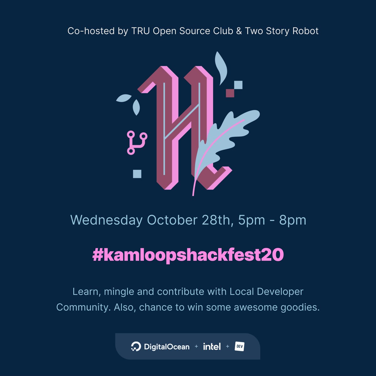TRUOpenSource's tweet image. Event alert! 🗓 

It&apos;s October, and time for #Hacktoberfest! We are back with #hacktoberfest2020 🚀, co-hosted by @twostoryrobot and @TRUOpenSource. Join us on the 28th of October 5-8 pm and contribute to the Opensource! 

Register now at bit.ly/kamloopshackfe… #myTRU #Kamloops
