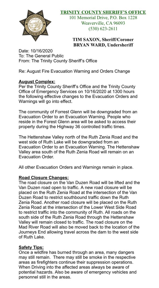 ShastaTrinityNF's tweet photo. #AugustComplex #NEZone #NWZone The Trinity County Sheriff's Office has made adjustments to the current evacuation orders and road closures. More info is on their Facebook: https://t.co/rjjH0JqTy4 https://t.co/rFbe1MG0hk