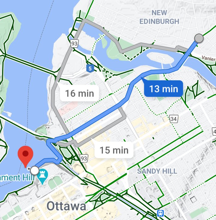 Today I tried to bike from my home in Vanier to the Ottawa River Path west, pulling a baby in a trailer. This is roughly the route we attempted on the way out (Google's suggested cycling route). It did not go great! A THREAD  #ottbike  #Ottawa