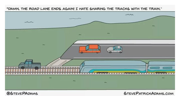 For some reason this is okay? It is okay to be dumped from a separated bike path onto an 80 km/h four lane road??? "Damn, the road lane ends again! I hate sharing the tracks with the train." -  @StevePAdams