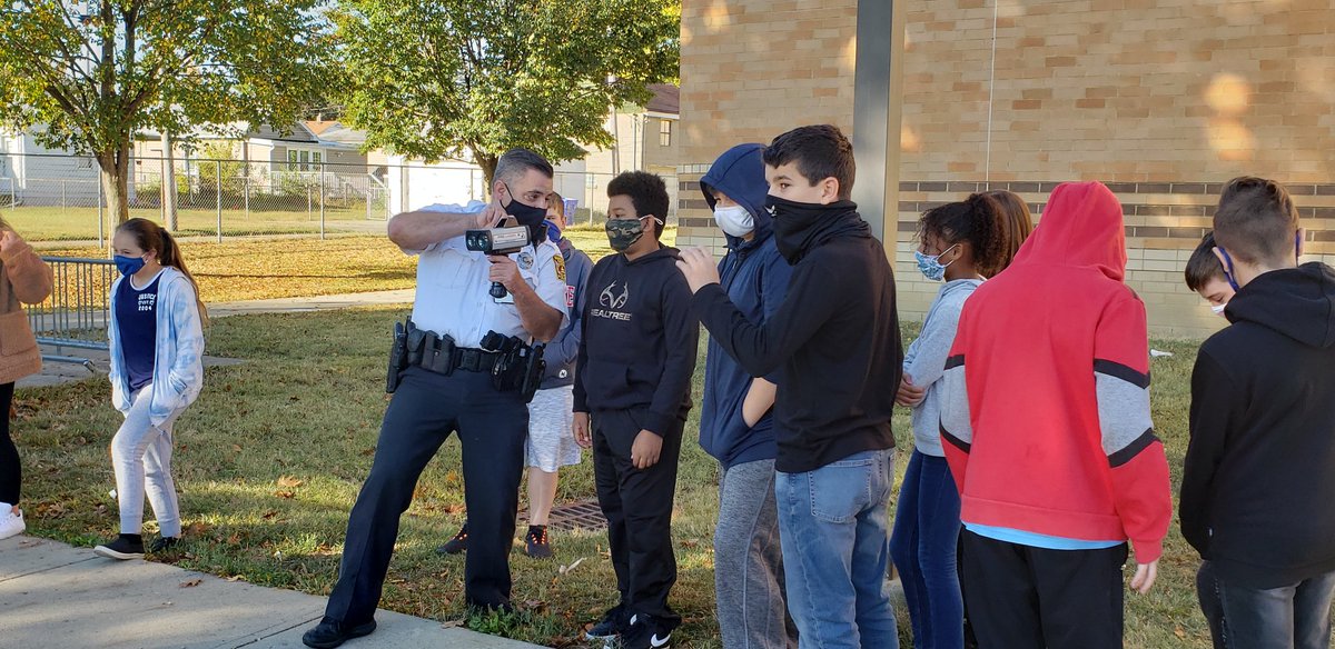 Special thanks to Officer Hurst for visiting my classes today! He taught us about his radar gun and how it calculates a car's speed. We even got to try it out to see how fast we could run! #RideWithThePride #BigBlueOnTheMove