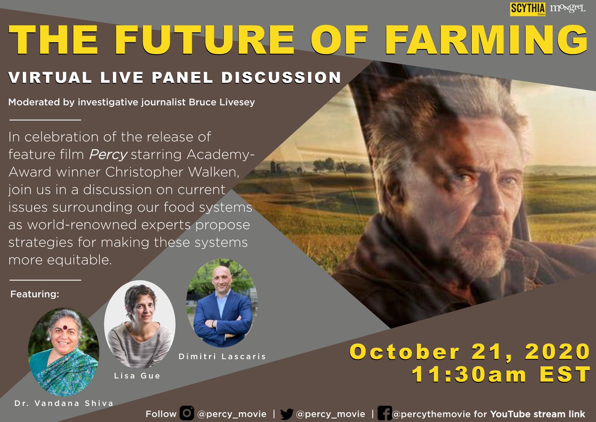 Please join me on Oct 21 at 11:30 am ET for a talk about making our food systems more equitable. We'll be hosted by <a href="/ScythiaFilms/">Scythia Films</a>, the production company behind Percy, a new film starring Christopher Walken. <a href="/percy_movie/">PERCY</a> is the story of heroic Saskatchewan farmer Percy Schmeiser.