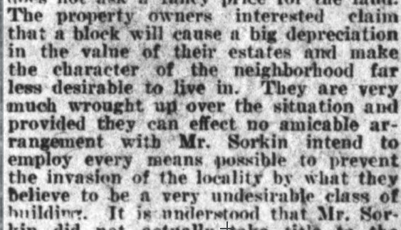 An early zoning fight: Larchwood district objects to the construction of a 24-unit apartment permitted shortly before zoning existed, claiming it will "make the character of the neighborhood less desirable" because of the "undesirable class of building". (5 Apr, 1924)