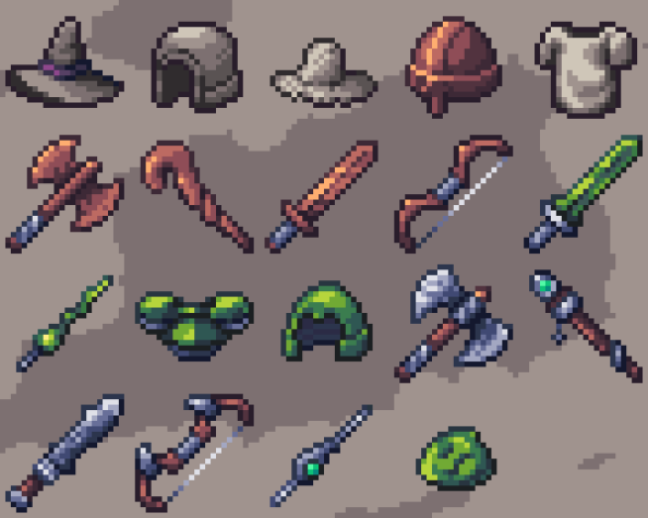 EnthaliaO's tweet photo. I present to you the initial items with which you will be able to equip your characters. These are, weapons and armor made of wood, slime and stone respectively :) https://t.co/6qpLS94nCm