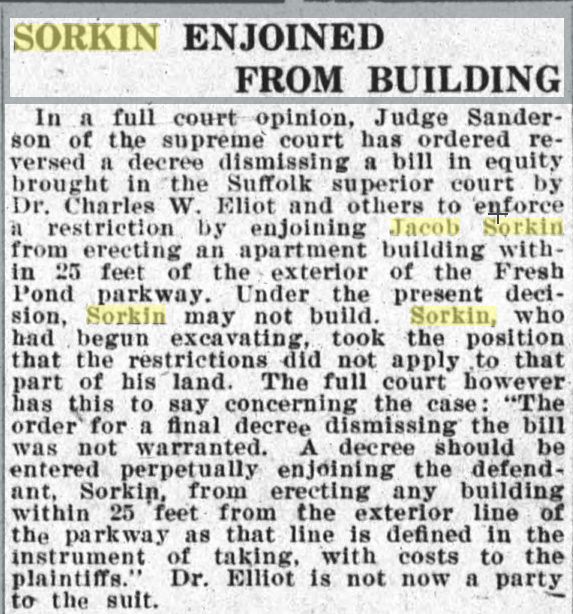 Ah. The Neighborhood Defenders indeed stopped him in court from building his apartment building. I'm not sure exactly which street used to be Hawthorn Ave, but that whole area stayed restricted as Single/Two family homes. (Cambridge Chronicle, 7 February 1925)