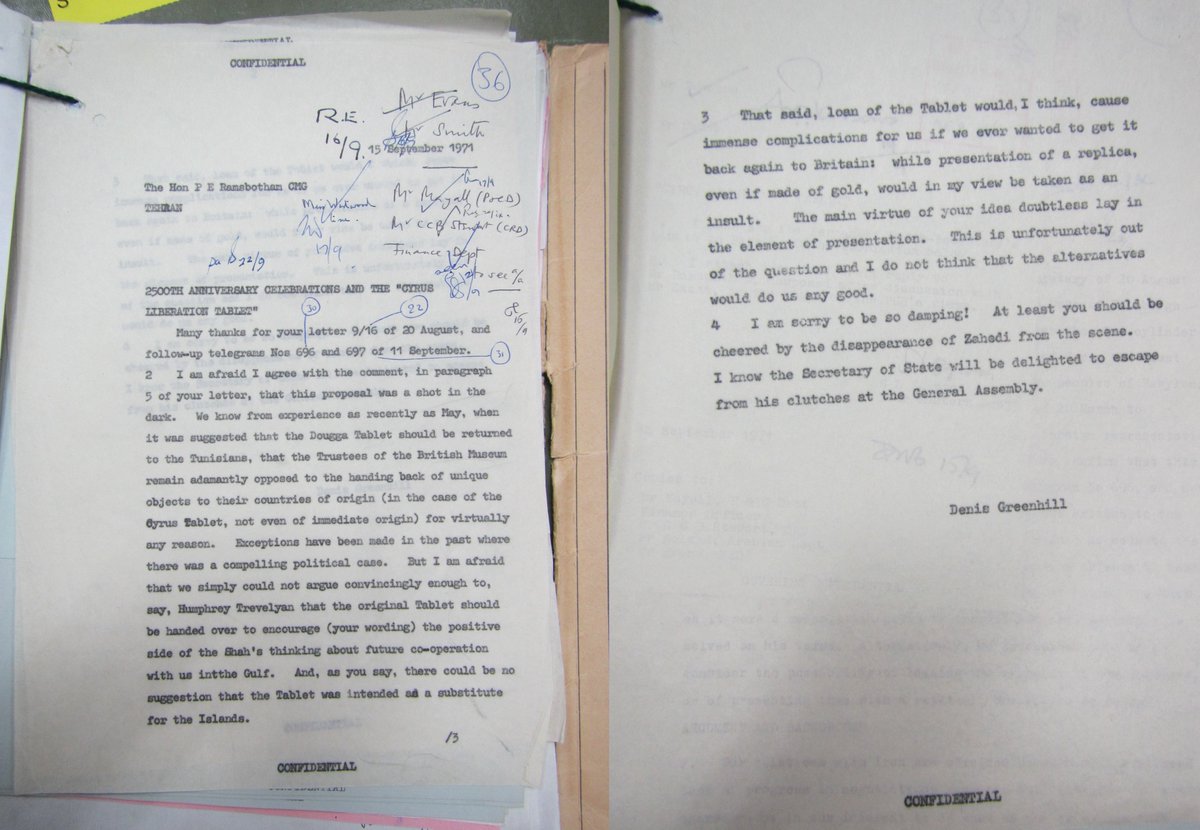 A request to loan the Cylinder was relayed to the British Foreign Office in August 1971, but this was rejected, essentially because the British feared that Iran might refuse to give it back, thus causing an uncomfortable diplomatic incident. (5/13)