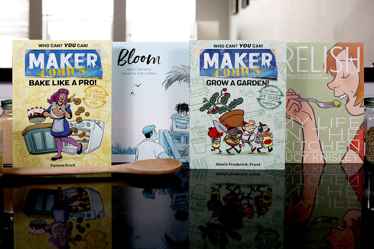 01FirstSecond's tweet photo. This #WorldFoodDay, we're thankful for the many voices guiding us to cultivate, curate & cook delicious dishes.
πͺ #MakerComics: Bake Like a Pro by @FalynnK
π₯ #Bloom by @kevinpanetta & @Srganuch
πΆοΈ #MakerComics: Grow a Garden by @afrederickfrost
π #Relish by @LucyKnisley https://t.co/jzNoupKufZ