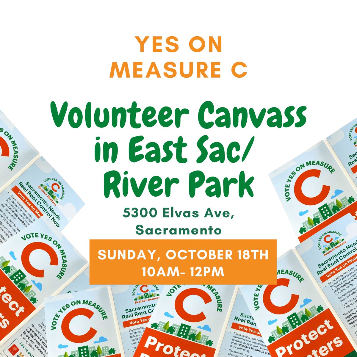 Time to pound the pavement for Measure C to #ProtectRenters! Contactless canvass and lit drop with us this Sunday 10/16 at 10 am in East Sac and River Park! 

Location: @SacTeachers union hall at 5300 Elvas Ave.
facebook.com/events/3583381…