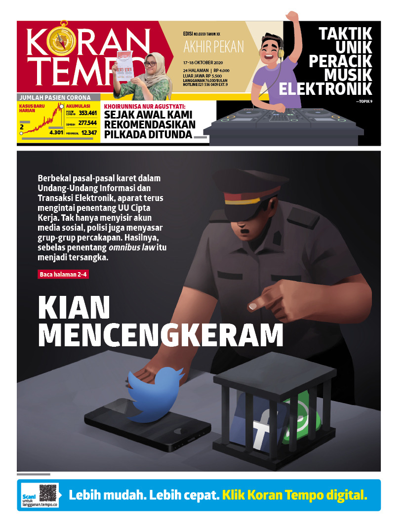 Berbekal pasal-pasal karet dalam UU ITE, aparat terus mengintai penentang UU Cipta Kerja. Tak hanya menyisir akun media sosial, polisi juga menyasar grup-grup percakapan. Hasilnya, sebelas penentang omnibus law menjadi tersangka. #KoranTempo koran.tempo.co