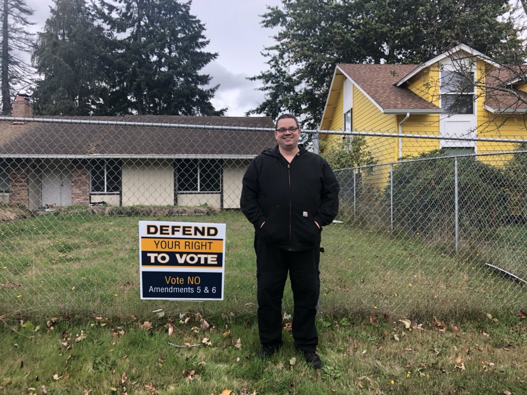 SaveOur_Sheriff's tweet photo. Shaun stands against defunding the King County Sheriff’s Office. We need your help to spread the word: Vote NO on charter amendments 5 &amp; 6 message us on Facebook for a yard sign! #SaveOurSheriff #KingCounty https://t.co/K6E8UiezEH