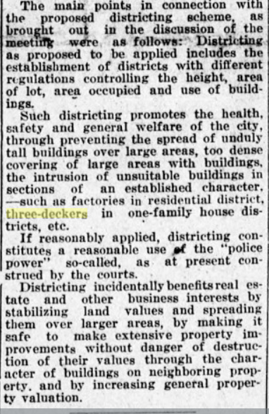 TIL: Before Zoning was called "Zoning", it was called "Districting". The basics of this idea were established in the Cambridge Building Code even before the zoning code was enacted (which was initially *part* of the Building code.) Cambridge Chronicle, 3 February 1917