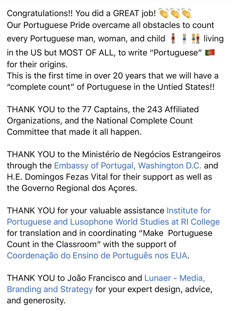 MakePortuguese's tweet photo. The 2020 US Census data collection ended today, October 16th  at 5:59 a.m. EDT!

For almost 2 years, you have been watching 👀and participating in these posts on this page to stay informed and to cheer on 🎉our Portuguese American community 🇵🇹🇺🇸 to complete the 2020 Census. https://t.co/3NKI0Y9tTm