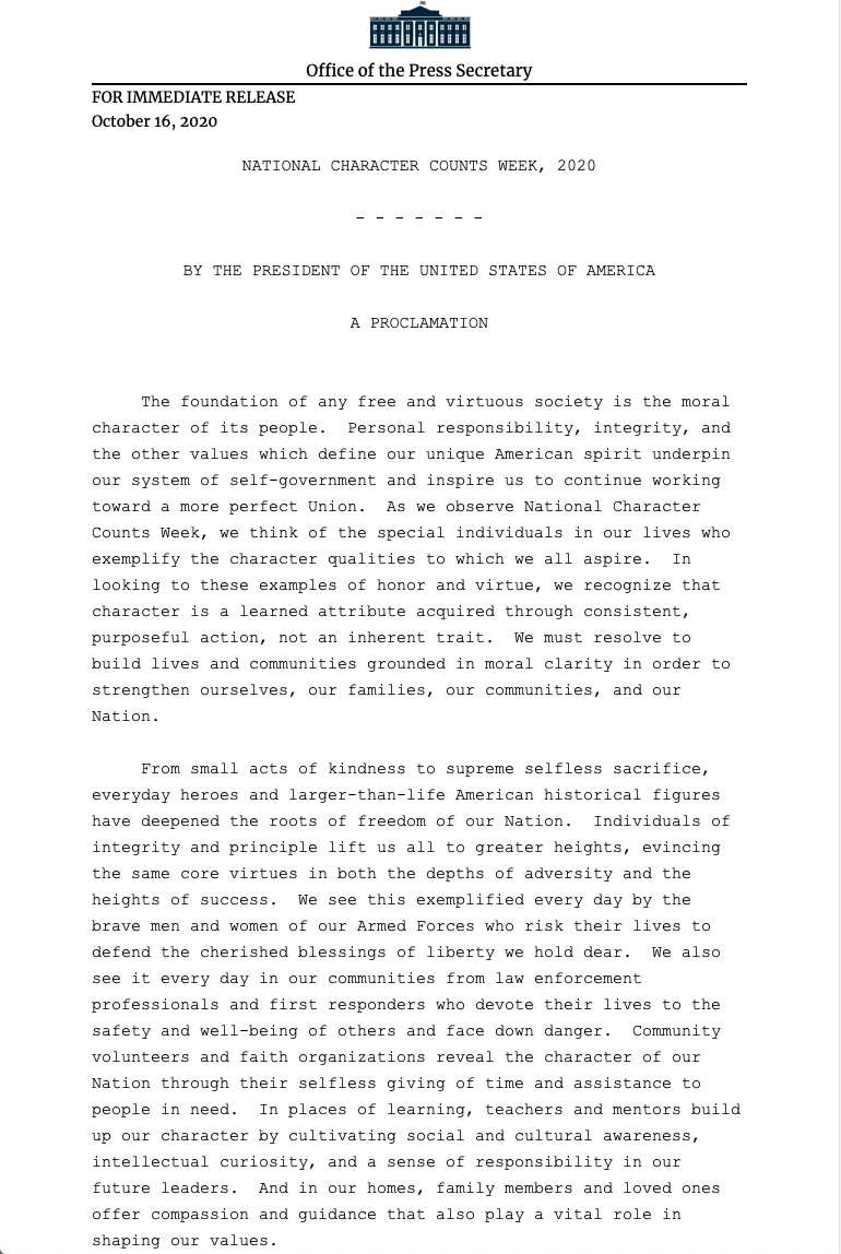 AndrewFeinberg's tweet photo. INBOX: I shit you not, @realDonaldTrump has signed a presidential proclamation for "National Character Counts Week." https://t.co/dW9Kc1rcHD