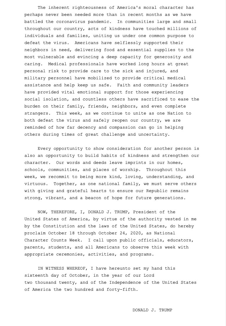 AndrewFeinberg's tweet photo. INBOX: I shit you not, @realDonaldTrump has signed a presidential proclamation for "National Character Counts Week." https://t.co/dW9Kc1rcHD
