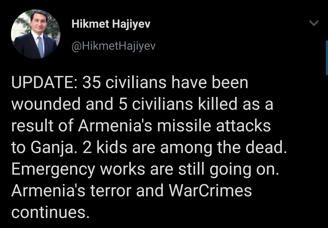 bpthaber's tweet photo. Azerbaycan Cumhurbaşkanı Yardımcısı Hacıyev: Gence’ye yapılan füze saldırısı sonucunda 35 sivil yaralanırken, 2'si çocuk 5 sivil hayatını kaybetti. https://t.co/dr69DwBjdX