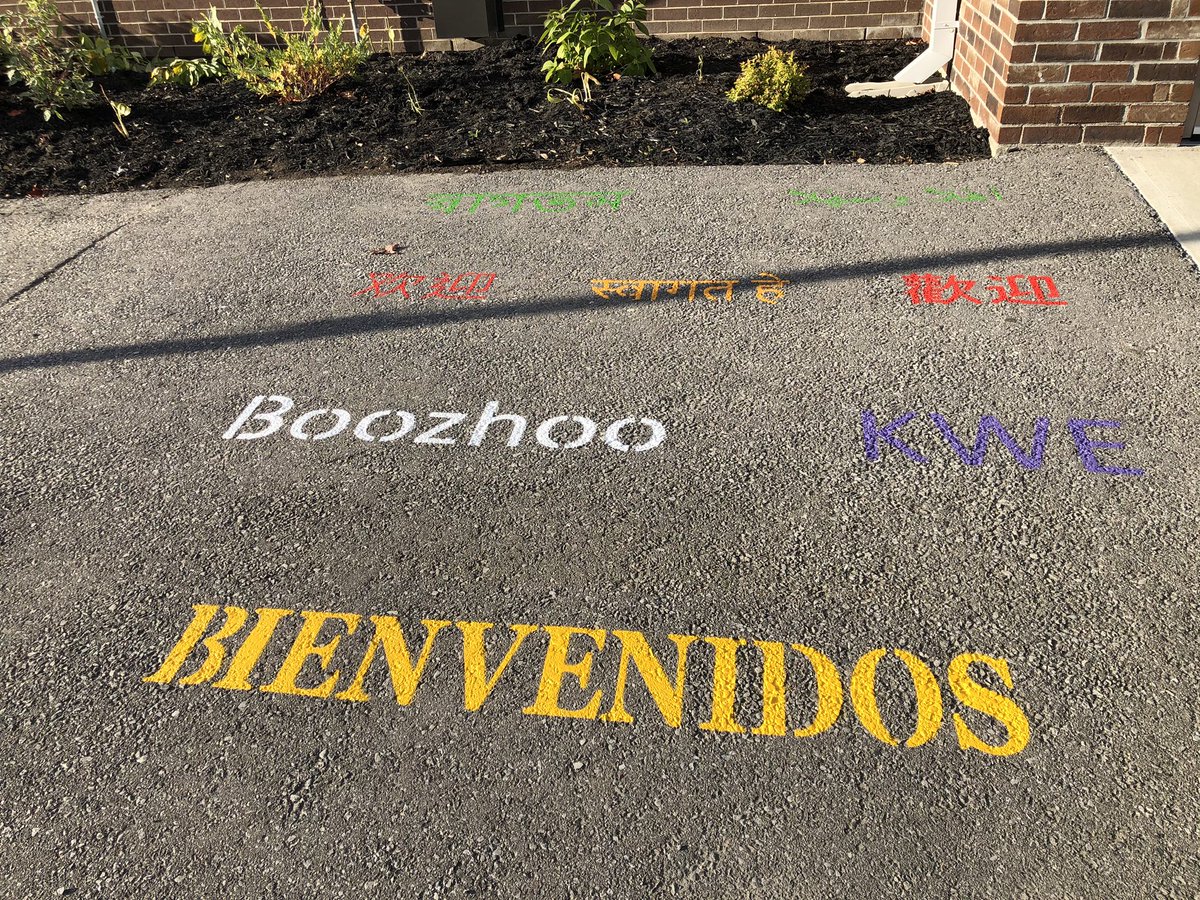 MeadowcrestPS's tweet photo. At Meadowcrest we strive to be a welcoming environment for all our students and families. Today we added welcome words in different languages and a rainbow crosswalk. @equity_DDSB @MaggieLazarus #DDSBEngagement @DurhamDSB #igniteunlearning https://t.co/17wTz3exaV