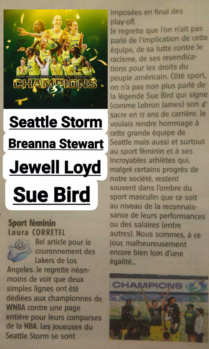 Et le sport féminin, on en parle?[Texte original] 
m.facebook.com/story.php?stor…
[Merci aux éditions L'avenir pour la publication]
<a href="/WNBA/">WNBA</a> 
<a href="/seattlestorm/">Seattle Storm</a> 
<a href="/breannastewart/">Stewie</a> 
<a href="/S10Bird/">Sue Bird</a> 
<a href="/jewellloyd/">Jewell B Loyd</a>