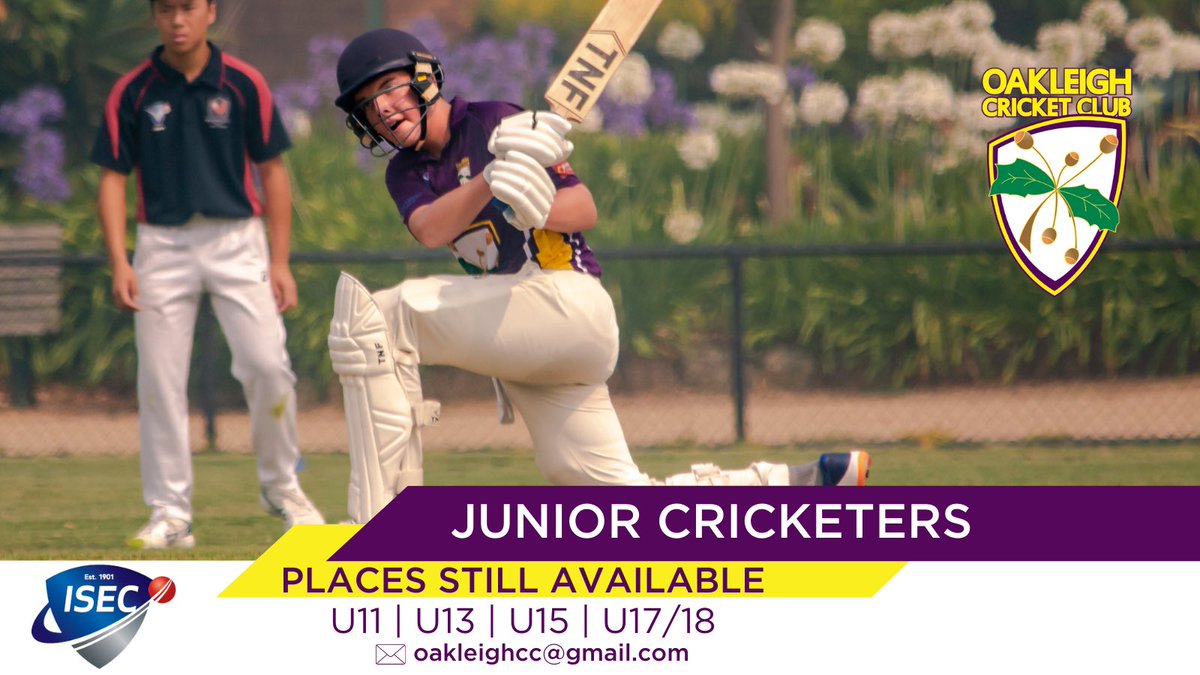 Calling all aspiring junior cricketers! Places still available across all junior grades for the 2020/21 season. Visit our website or contact us at oakleighcc@gmail.com for more information. #purpleandgold