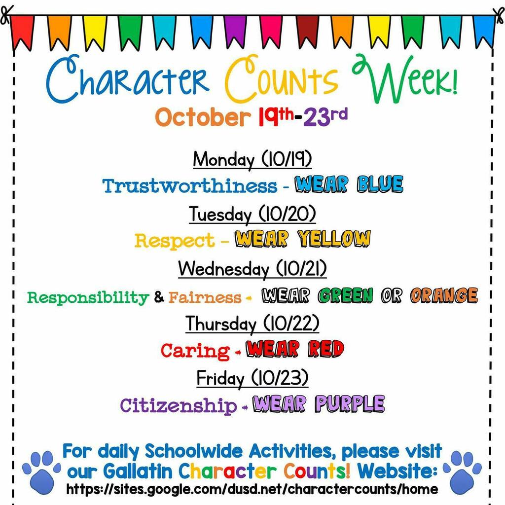 Gallatin Elementary School Character Counts Week Is Next Week Help Us Celebrate And Learn About The 6 Pillars Of Character Be Sure To Share Your Pictures And Gallatinelem Galgrizzlies