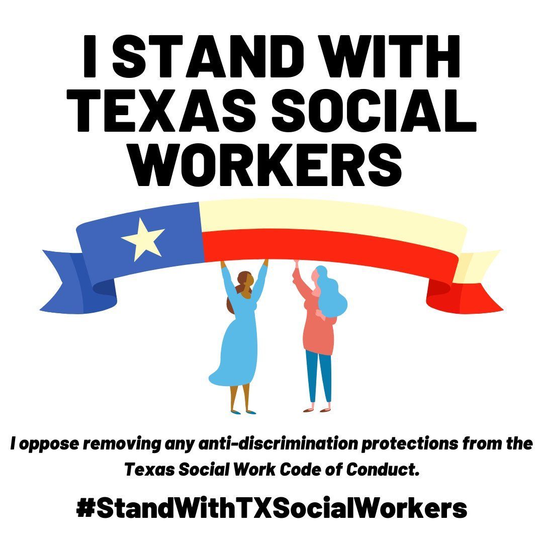 nasw's tweet photo. Stand with Texas Social Workers who oppose removing protections against discrimination for disability, sexual orientation, gender identity and gender expression from the Social Work Code of Conduct! #StandWithTXSocialWorkers 
Sign our petition and share! https://t.co/305XwcZxYQ https://t.co/KOgVfrLIvh
