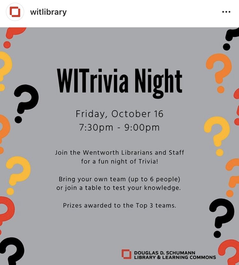 WITLeopard's tweet photo. Here we go! WITrivia night with the @WITLibrary staff for Family Weekend is starting in under 40 minutes!! You don’t need a team to join or play AND we’ve got great prizes :) https://t.co/BI4rfkd7cm <<< click here for 7:30pm tonight! https://t.co/rdMiaWywAm