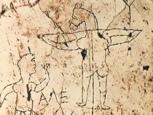 abcariot's tweet photo. Ce graffiti du 2e siècle représente Jésus sous la forme d'un âne. C'est sans doute la plus ancienne des caricatures de Jésus. https://t.co/53W3IclnQK