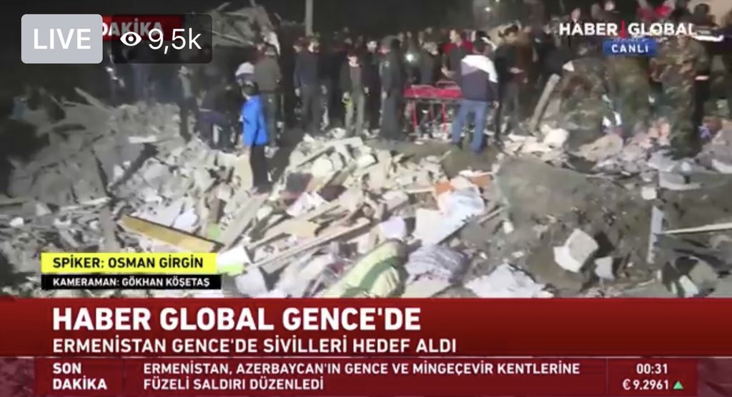 Senemmm01's tweet photo. CNN turkish journalist ‘’ A tiny baby was taken out from the crashes . I touched his dead body ‘’ (crying)
#StopArmenianTerrorism  ‼️
#PrayForGanja 
#ArmenianKillsCivilians  ‼️ https://t.co/ZmJXin3yLv