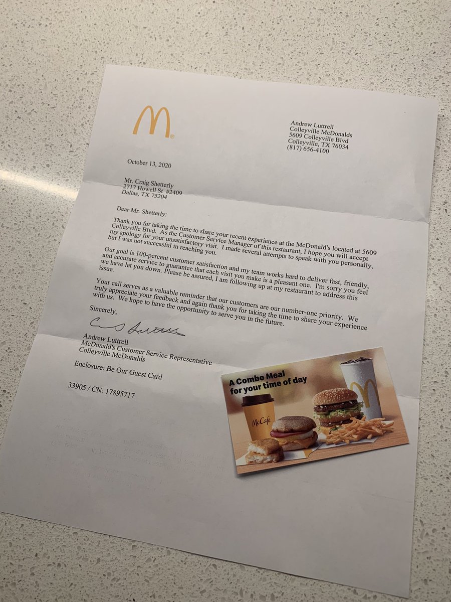 Instead I got a letter saying he would follow up with the team to address this issue and gave me ONE FREE MEAL. 6/