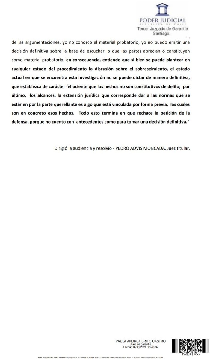 SmokMauricio's tweet photo. Informe de la juez Brito a la corte de por qué Jadue sigue siendo imputado y no se le puede dar sobreseimiento:

"no se puede dictar de manera definitiva, 
que establezca de carácter fehaciente que los hechos no son constitutivos de delito" https://t.co/gWRVHCwcJe