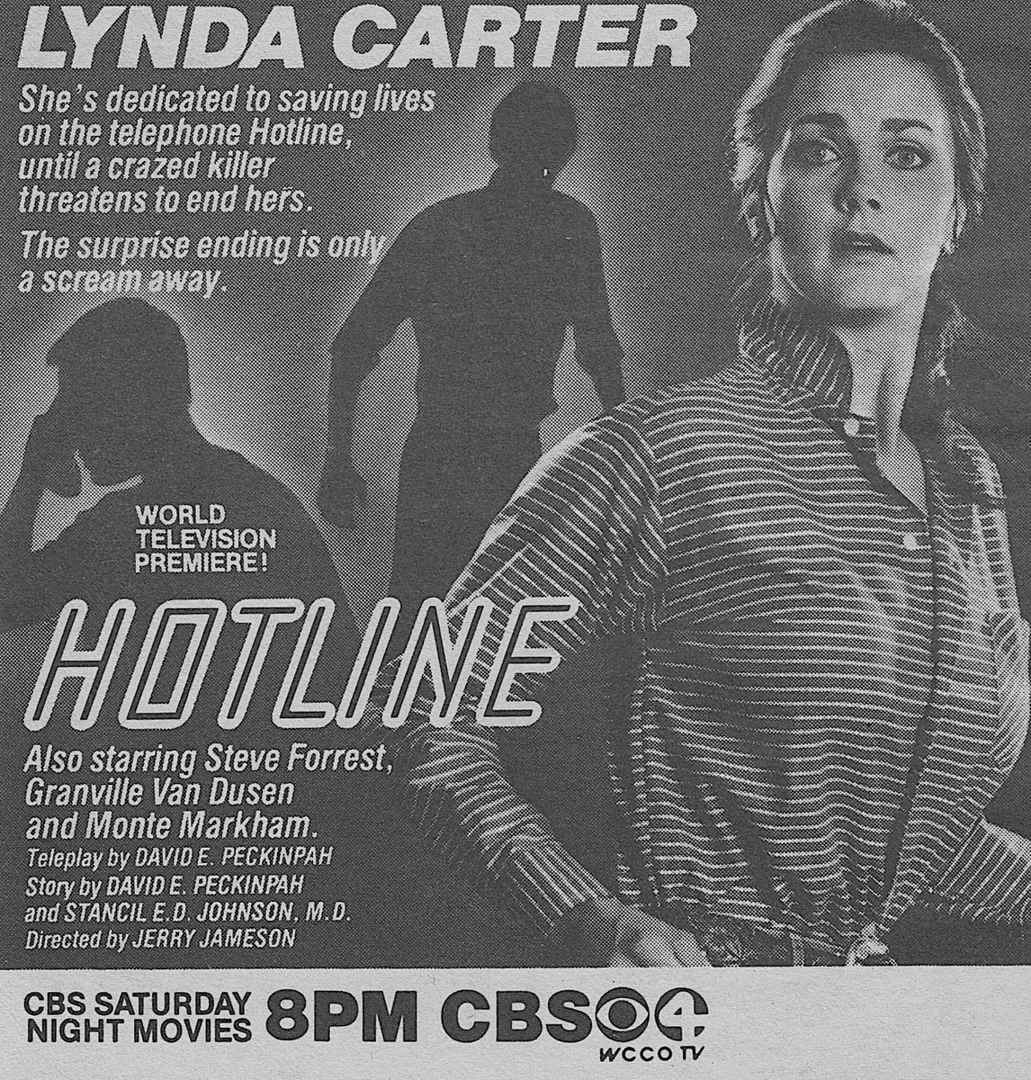Day 16 of the  #31DaysofTeleterror is all about Hotline, which premiered on CBS on this day in 1982! Lynda Carter plays a helpline volunteer who beings to receive calls from a crazed killer. There's no Final Girl transformation here. Carter starts strong. Stays strong. (1/2)
