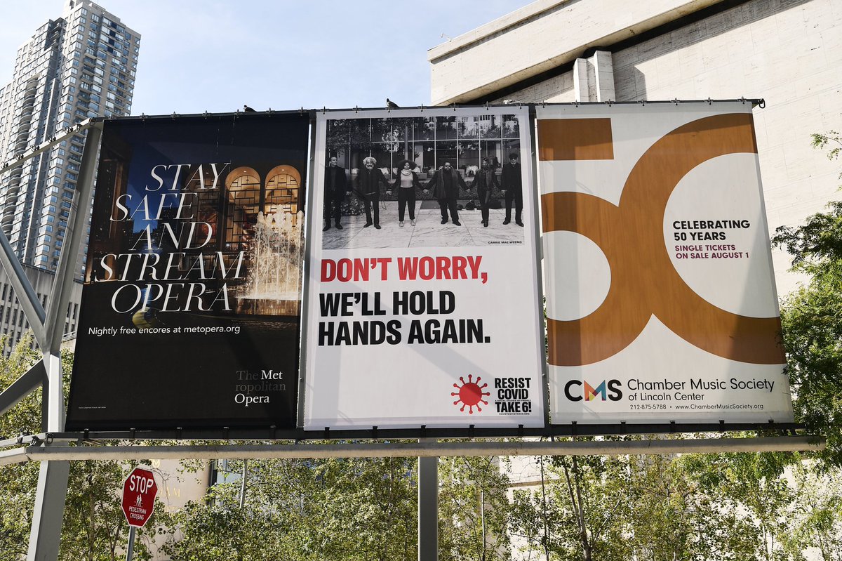 The bilingual public art installation 'Resist COVID/Take 6!' by celebrated artist Carrie Mae Weems (@WEEMSCarrie) has arrived on Lincoln Center's campus! Learn more here: lincolncenter.org/lincoln-center… 📸 #1 & #2: James Wang 📸 #3 & #4: Dia Dipasupil/Getty Images for Lincoln Center