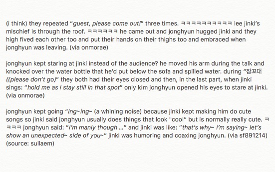 : hi, this is shinee’s jonghyun!: i’m at jonghyun’s concert today as a guest. we’re going to sing together and i’m singing by myself too.: let’s have fun! we’re going to sing “잠꼬대 (please don’t go)” after a very long time. (source: @/omggminho)