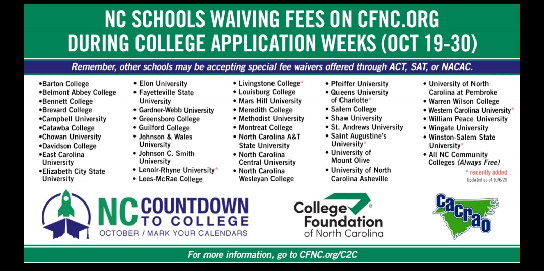 surry_advising's tweet photo. @eastsurryhs @SurryCentralHS Apply to these colleges for FREE using @CFNC Oct. 19th-30th!!
More info here: https://t.co/QjcZHahpzV https://t.co/wnz1Cmhf3S