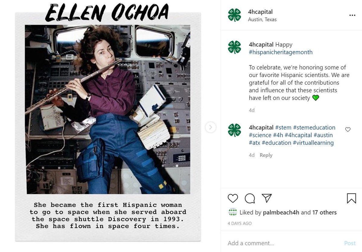 4HCAPITAL's tweet photo. On this week's socials we highlighted some of our Latinx members as well as Hispanic scientists in honor of #HispanicHeritageMonth! If you want to see more of what’s happening daily here at 4H, follow us on Instagram (@4hcapital) and Facebook (4-H CAPITAL)! #4H #4HCAPITAL https://t.co/946gexDYg1