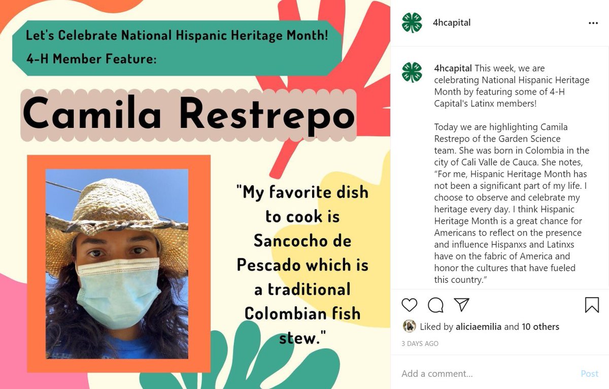 4HCAPITAL's tweet photo. On this week's socials we highlighted some of our Latinx members as well as Hispanic scientists in honor of #HispanicHeritageMonth! If you want to see more of what’s happening daily here at 4H, follow us on Instagram (@4hcapital) and Facebook (4-H CAPITAL)! #4H #4HCAPITAL https://t.co/946gexDYg1