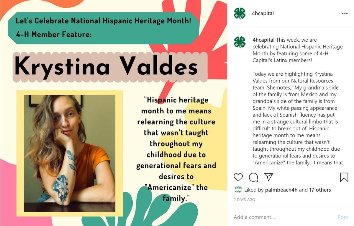 4HCAPITAL's tweet photo. On this week's socials we highlighted some of our Latinx members as well as Hispanic scientists in honor of #HispanicHeritageMonth! If you want to see more of what’s happening daily here at 4H, follow us on Instagram (@4hcapital) and Facebook (4-H CAPITAL)! #4H #4HCAPITAL https://t.co/946gexDYg1