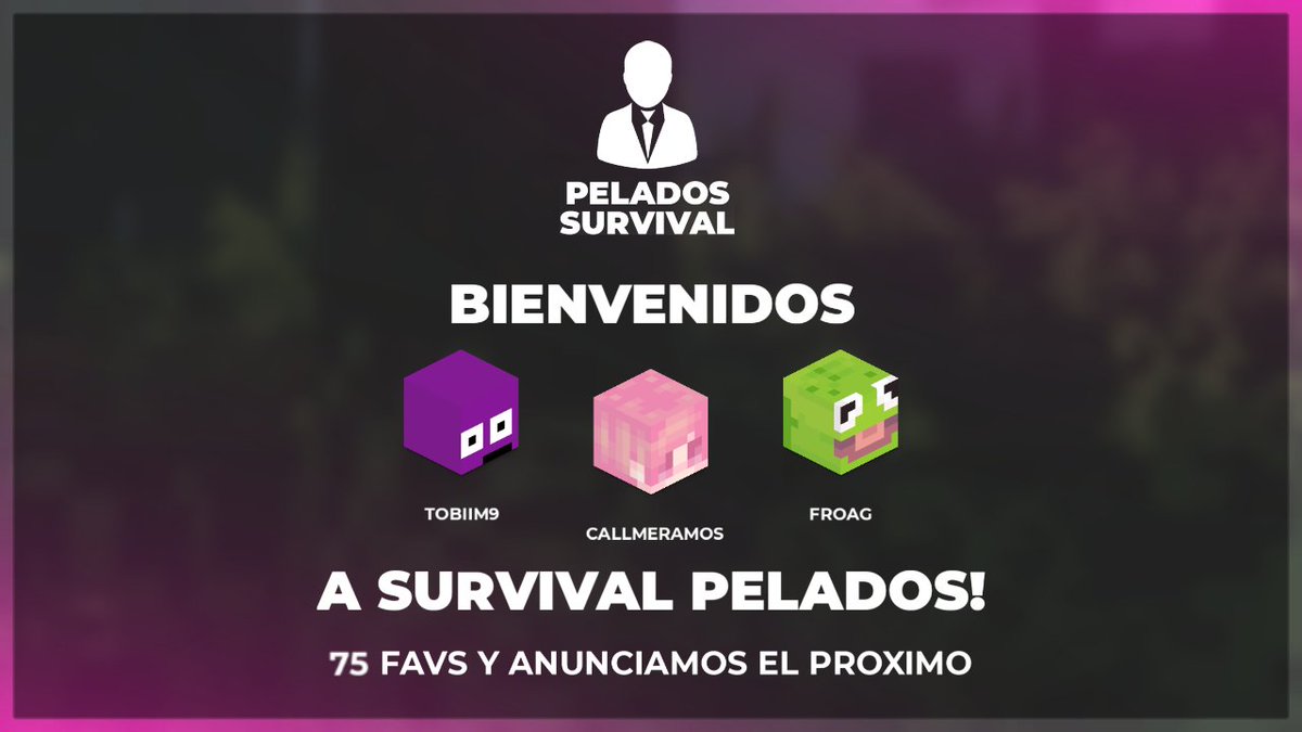 PeladosSurvival's tweet image. Primeros tres invitados oficiales🌟💜

Bienvenidos, @TobiiM9 @CallMeRamitoz @FroagD 

RT, Follow &amp;amp; Like para participar en un sorteo de x2 whitelists! 📨

75❤️ &amp;amp; anunciamos otros 3 integrantes!