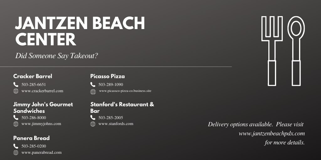 DID SOMEONE SAY TAKEOUT?
All of our takeout options in one convenient place...

For more information: bit.ly/3hiwnGH

#jantzenbeach #portland #oregon #takeout