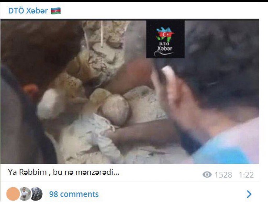  #Azerbaijan is now using fake news and pictures to pass for the Ganja attack. The picture below is making rounds on Azerbaijan telegram of a supposed victim of today’s events. But it’s actually a picture from 2016 Syria. The Azeri version, and the version from  @Reuters below 13/