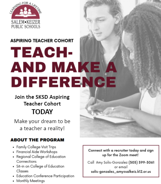 CALLING ALL FUTURE TEACHERS!!!
The Aspiring Teacher Cohort is accepting  new Junior and Senior applicants for their program. Let SKSD help you become a teacher - great assistance with finding the right college fit, financial aid, scholarships and training.