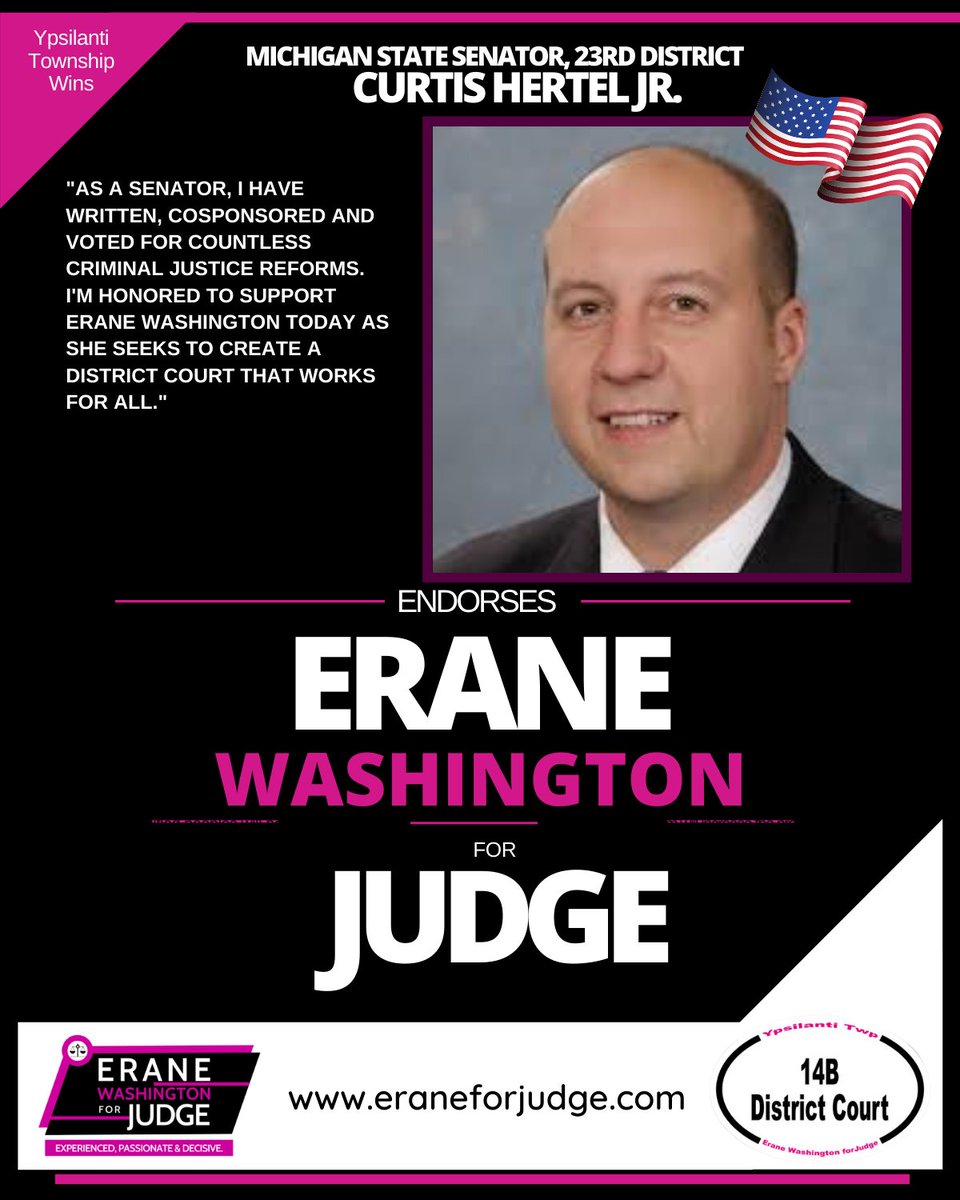 erane4Judge's tweet photo. The CTE Erane C. Washington Judge is honored to have the endorsement of Senator Curtis Hertel Jr.  Senator Hertel believes in our platform and wholeheartedly endorses Erane to create a District Court that works for all.

#TeamErane https://t.co/G3d3KDi8gr