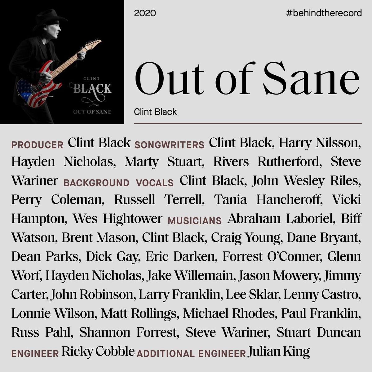 Clint_Black's tweet photo. Join me and the @RecordingAcademy in recognizing all music creators who work #BehindTheRecord, and #GiveCredit where credit is due! These are the amazing people behind my latest album #OutOfSane. Let's celebrate creators who work behind the scenes & bring music credits back. https://t.co/MGVCi4rihL