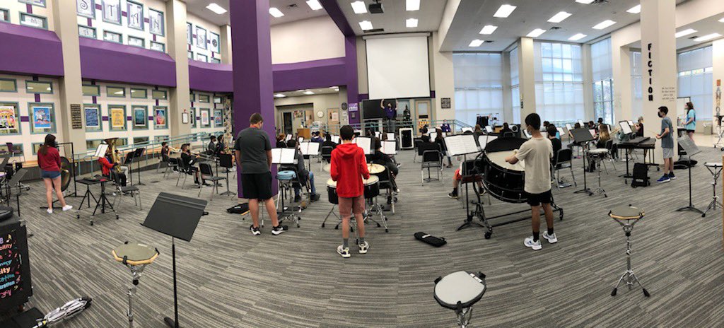 cainmustangband's tweet photo. Honors and Symphonic bands had their first rehearsals with percussion on Thursday. Huge thank you to Mrs. Munson for letting us invade the library! #cainstrong #cainconnection #risdfinearts #somuchspace https://t.co/3NzMfW33Nk