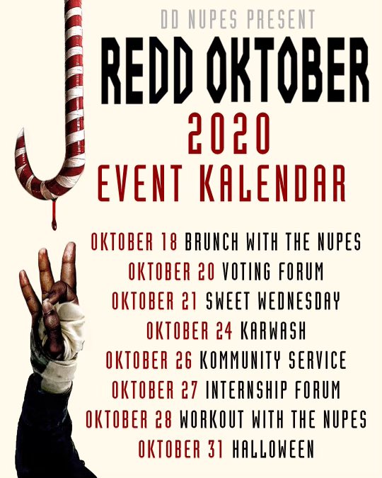 DDNupes's tweet photo. It’s That Time‼️ ⏰Your 2020 ReDD oKtober Event Kalendar🃏... DDont Miss Out🗣
#reDDoKtober #DDNupes https://t.co/utqcDoyCtv