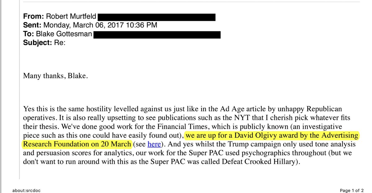 Love to read about Robert Murtfeld bragging about their Olgivy award…that was later rescinded in an absolute embarrassment for the advertising industry.  https://www.nytimes.com/2018/03/28/business/media/cambridge-analytica-advertising-award.html https://www.warc.com/newsandopinion/news/arf_rescinds_award_given_to_cambridge_analytica/41965