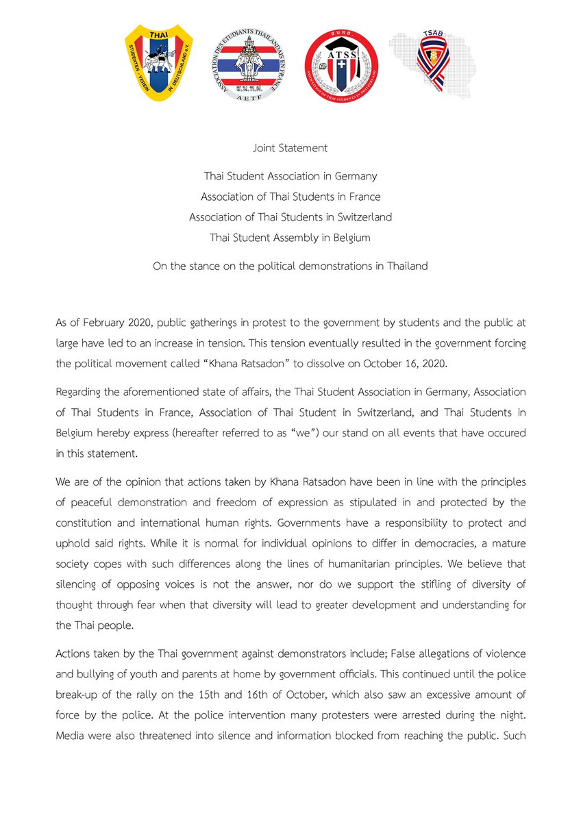 tsvd_official's tweet photo. Joint Statement : On the stance on the political demonstrations in Thailand 

Thai Student Association in Germany
Association of Thai Students in France and in Switzerland 
Thai Student Assembly in Belgium
#whatishappeninginthailand  #restoredemocracyinThailand https://t.co/Ch3JgBg98m