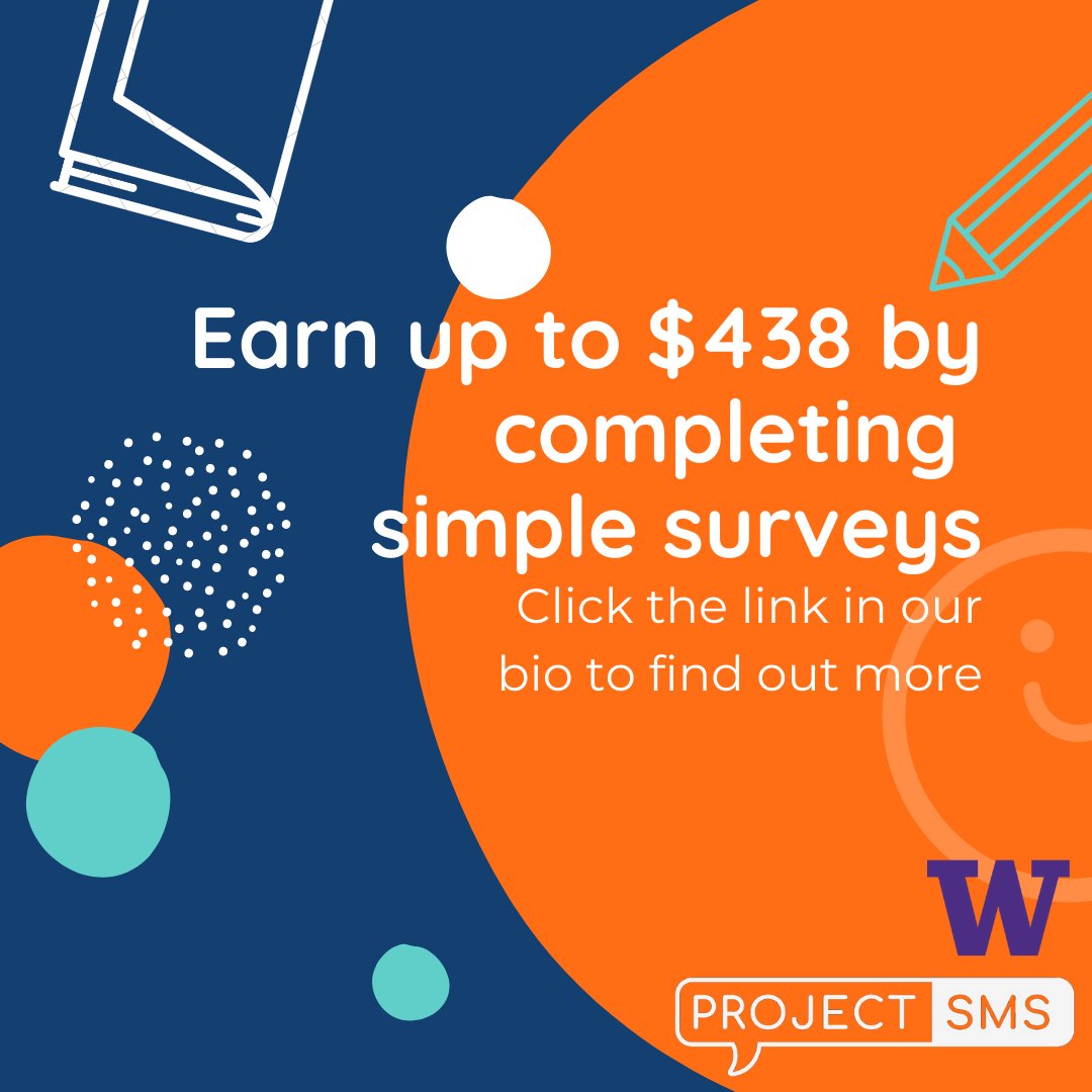 project_sms's tweet photo. Project SMS is a paid research study out of the University of Washington. We need participants who are willing to complete a variety of surveys about their mood, behaviors, and thoughts. If that sounds like you and you'd like to earn up to $443, take our screener! (link in bio) https://t.co/3yeGV3Yuy7