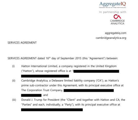 And there it isIn black & fucking white. A legal contract with Donald Trump'AggregateIQ - IN PARTNERSHIP WITH - Cambridge Analytica' 2 companiesOperating together as ***1 legal entity***'Aggregate IQ in partnership with Cambridge Analytica'